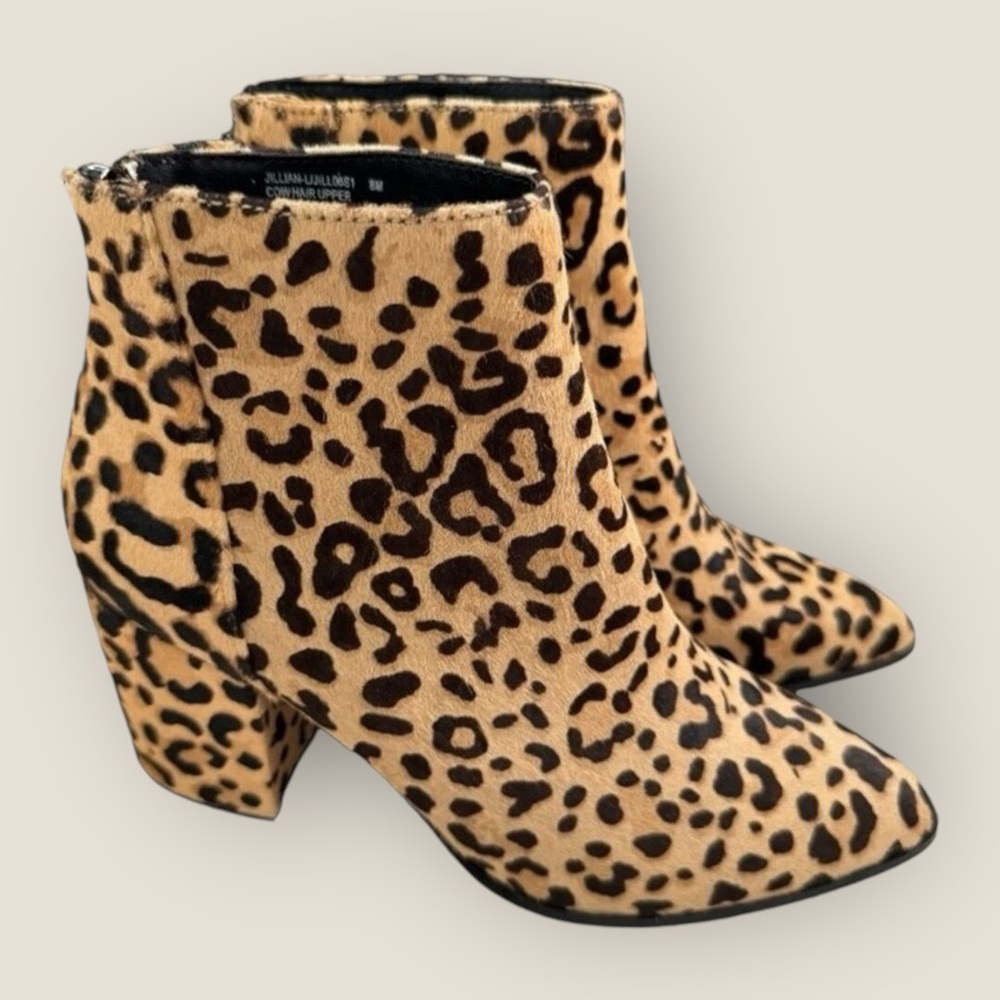 Steve Madden Leopard Print Booties Ankle Pointed Toe Block Heel Cow Hair Sz 8